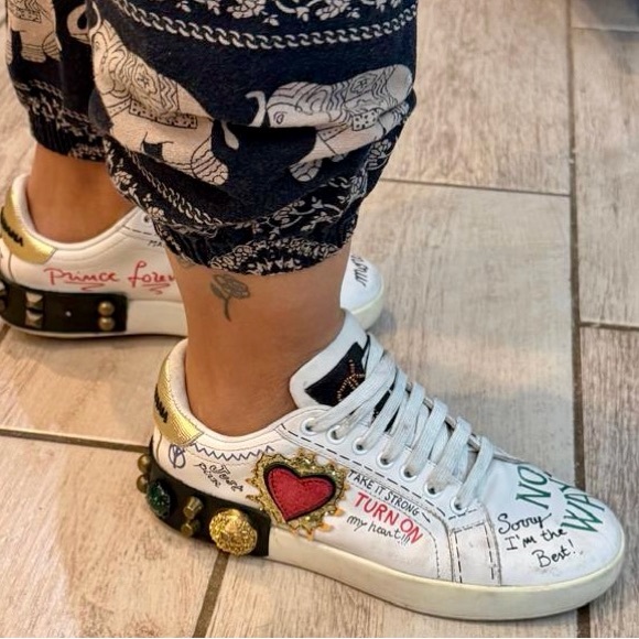 DOLCE & GABBANA DG Logo Heart Pearl Logo Low Top Sneaker PORTOFINO White Gold 7W - Picture 10 of 13